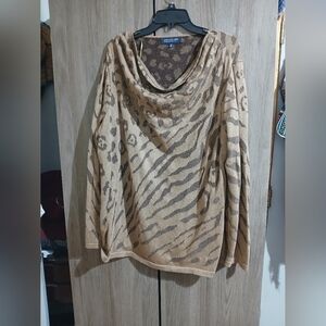 Jones New York Gold and Brown Bling Gold Animal Print Cowl Neck Sweater